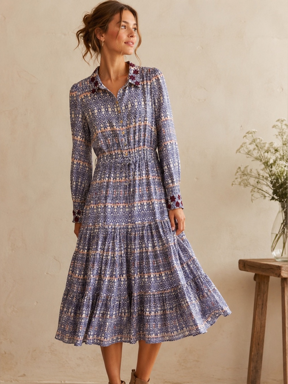 Carolina K Blue Boho Embroidered Midi Dress Size Small
